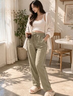 Zara Olive 100% Lionel Drawstring Track Pants With Side Details Size Small